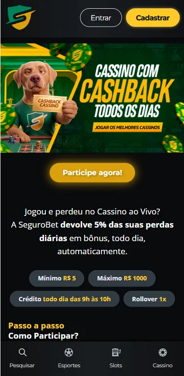 Informativo do cashback diário de 5% da Segurobet para jogos de cassino ao vivo