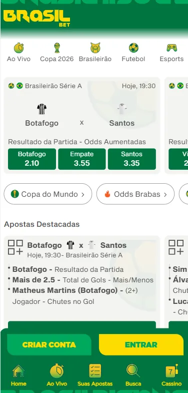 Página de esportes da Brasil Bet com destaque para Botafogo x Santos no Brasileirão Série A