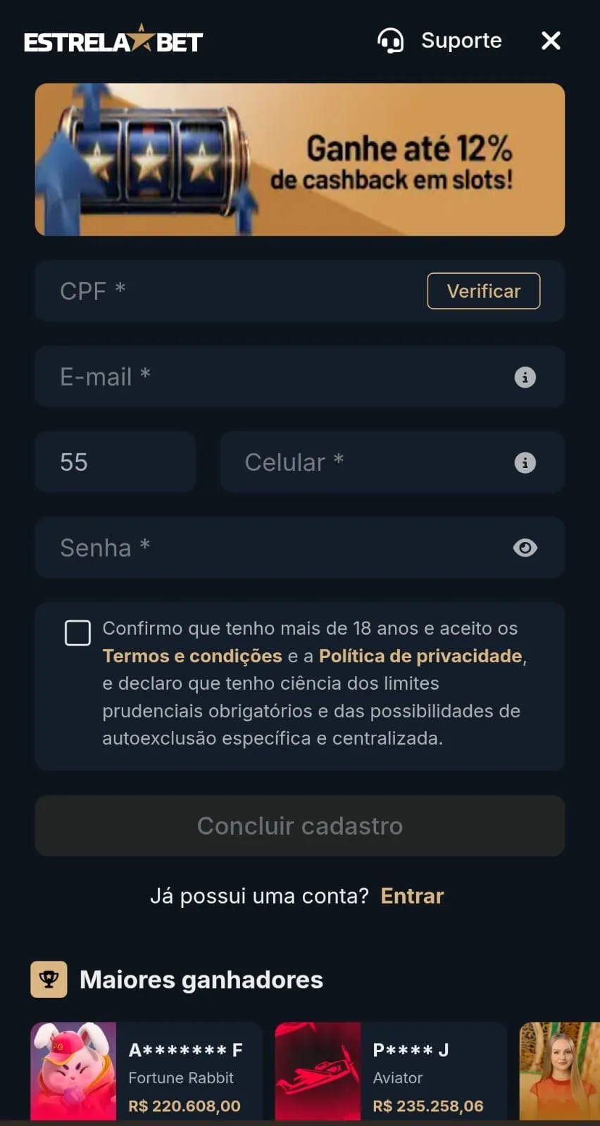 Formulário de cadastro da Estrelabet com os campos a serem preenchidos e o banner da oferta de cashback em slots.