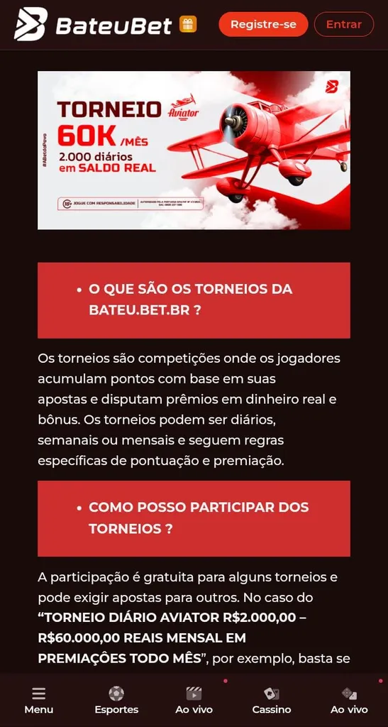 Torneio de Aviator da BateuBet, com o aviãozinho no banner, o valor de 60k em destaque e texto explicativo