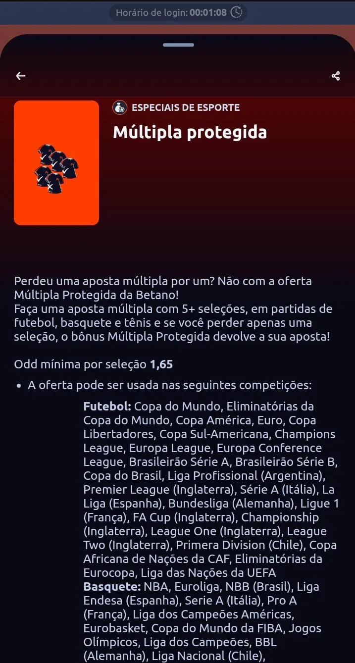 Múltipla protegida Betano, com texto informando a odd mínima de 1.65 por seleção e os campeonatos válidos
