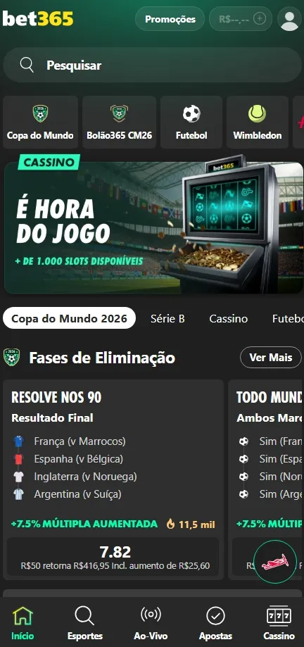 App da bet365 exibindo mercados e odds para partidas de futebol na fase de eliminação da copa