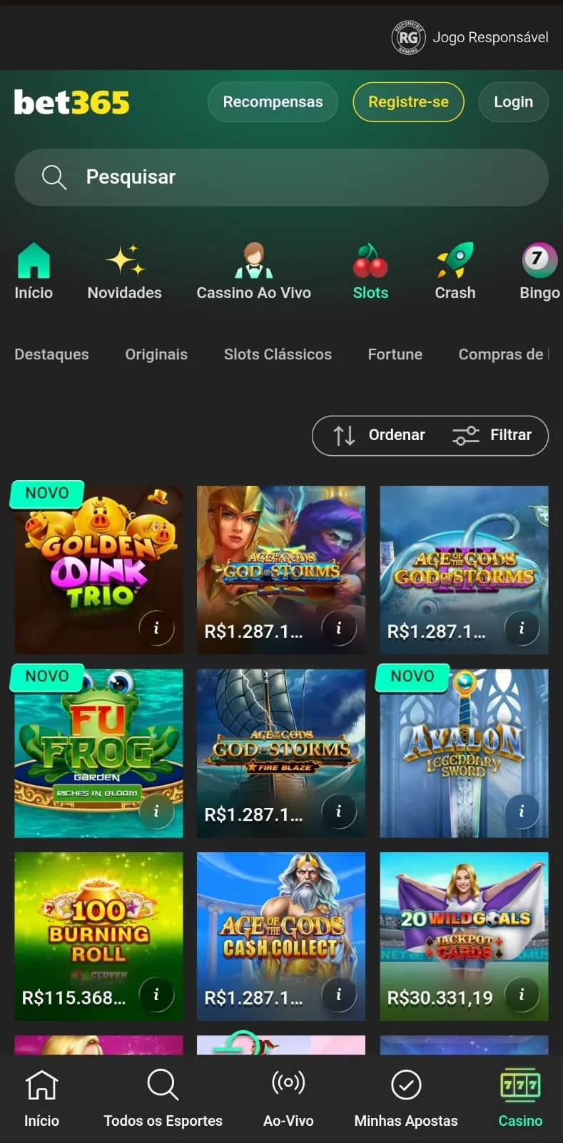 Jogos de jackpots em destaque na bet365.