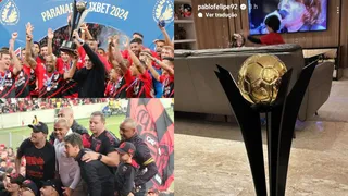 Petraglia ergue a taça, campeões brasileiros na torcida e Pablo leva o troféu para casa