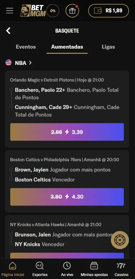 Apostas aumentadas de basquete NBA na BetMGM com odds turbinadas em múltiplas