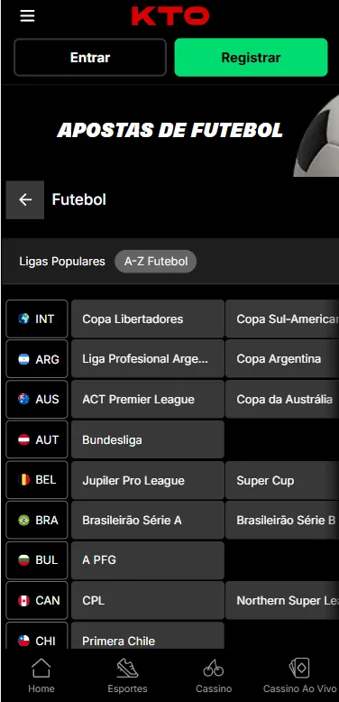 Captura de tela das competições em futebol na plataforma bet KTO