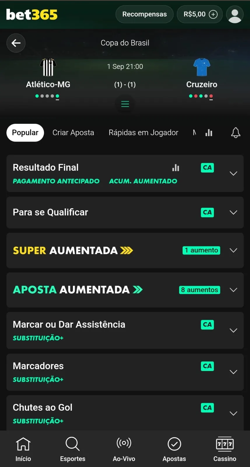 Partida do Atlético-MG x Cruzeiro pela Copa do Brasil na bet365, com pagamento antecipado