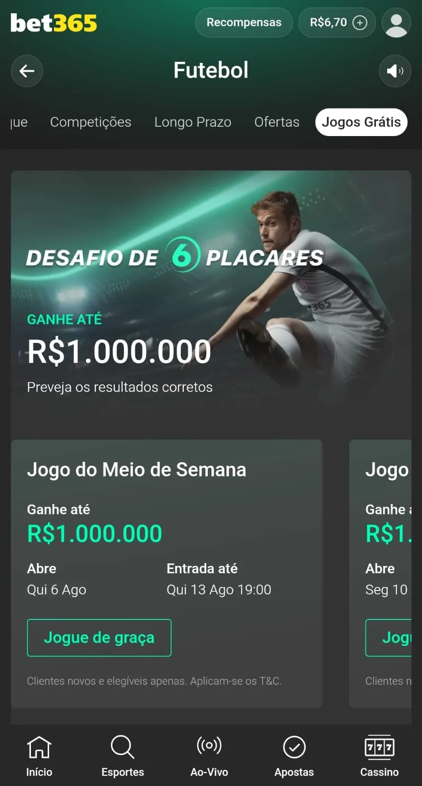 Desafio 6 Placares da bet365 com prêmio a partir de dois placares corretos.