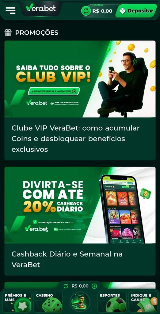 Captura de tela da página de ofertas da Vera Bet cassino