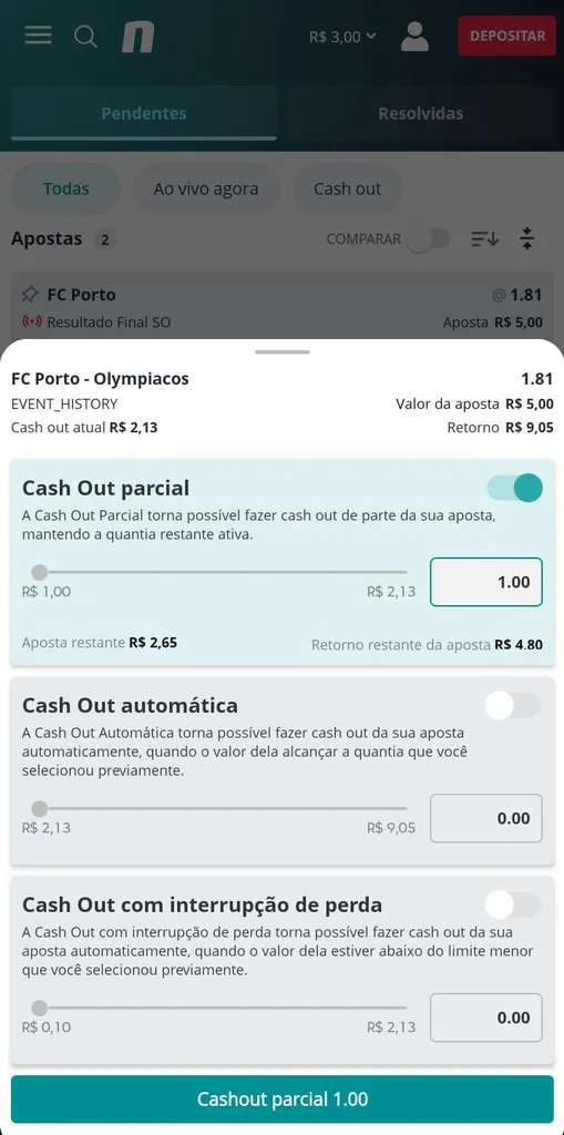Captura de tela da Novibet com cash out parcial