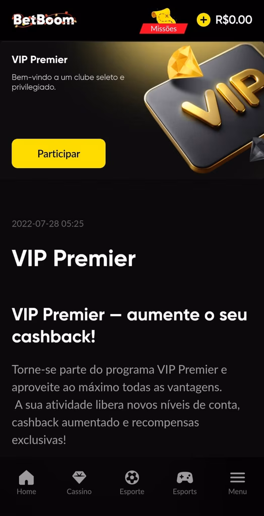 Programa VIP da Betboom, com texto sobre o aumento de cashback, vantagens do programa e botão de participar