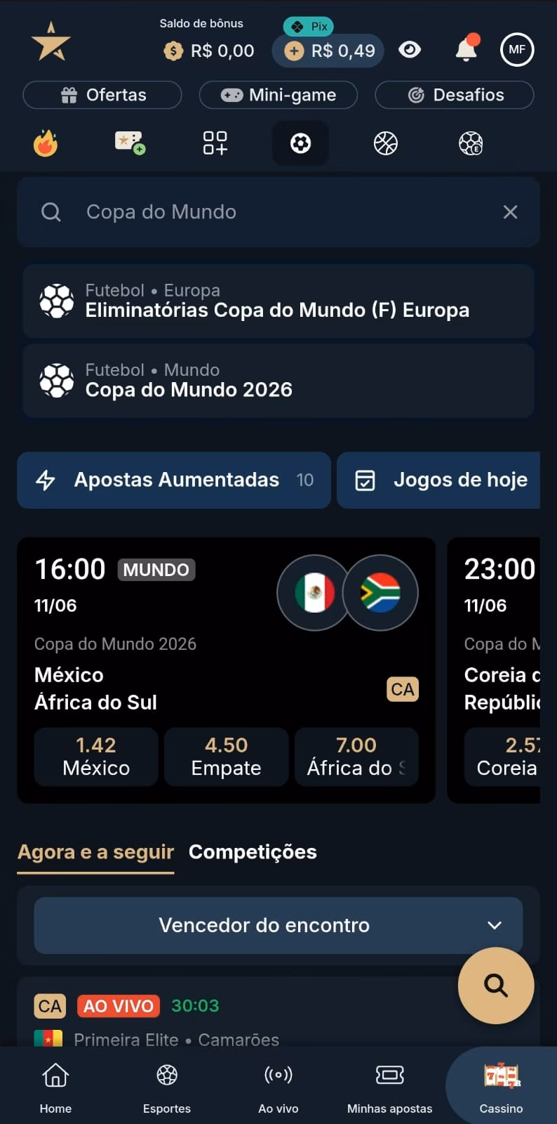 Página de futebol na seção de esportes da Estrelabet, com a ferramenta de busca indicando a Copa do Mundo.