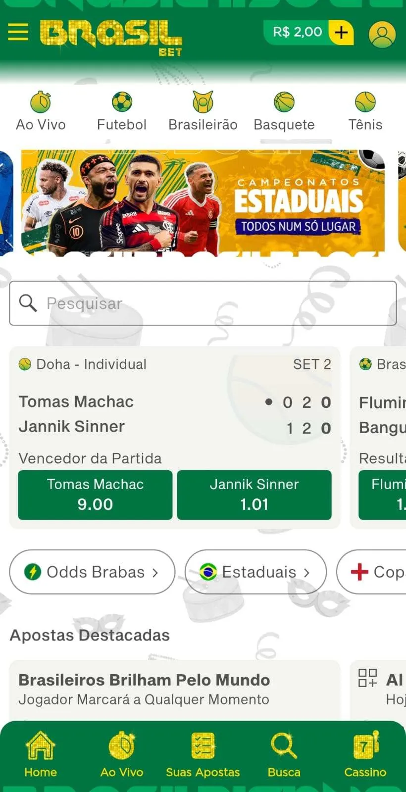 Brasil Bet com menu de apostas ao vivo, futebol, Brasileirão, basquete, tênis e apostas recomendadas.
