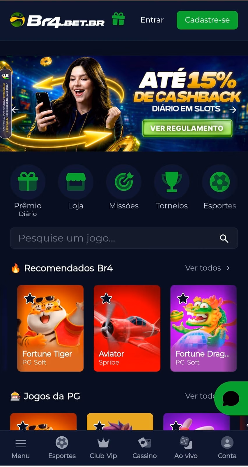 Banner do programa de cashback diário em slots de até 15% da Br4Bet, com destaque para os ícones dos jogos recomendados, incluindo Fortune Tiger, Aviator e Fortune Dragon.