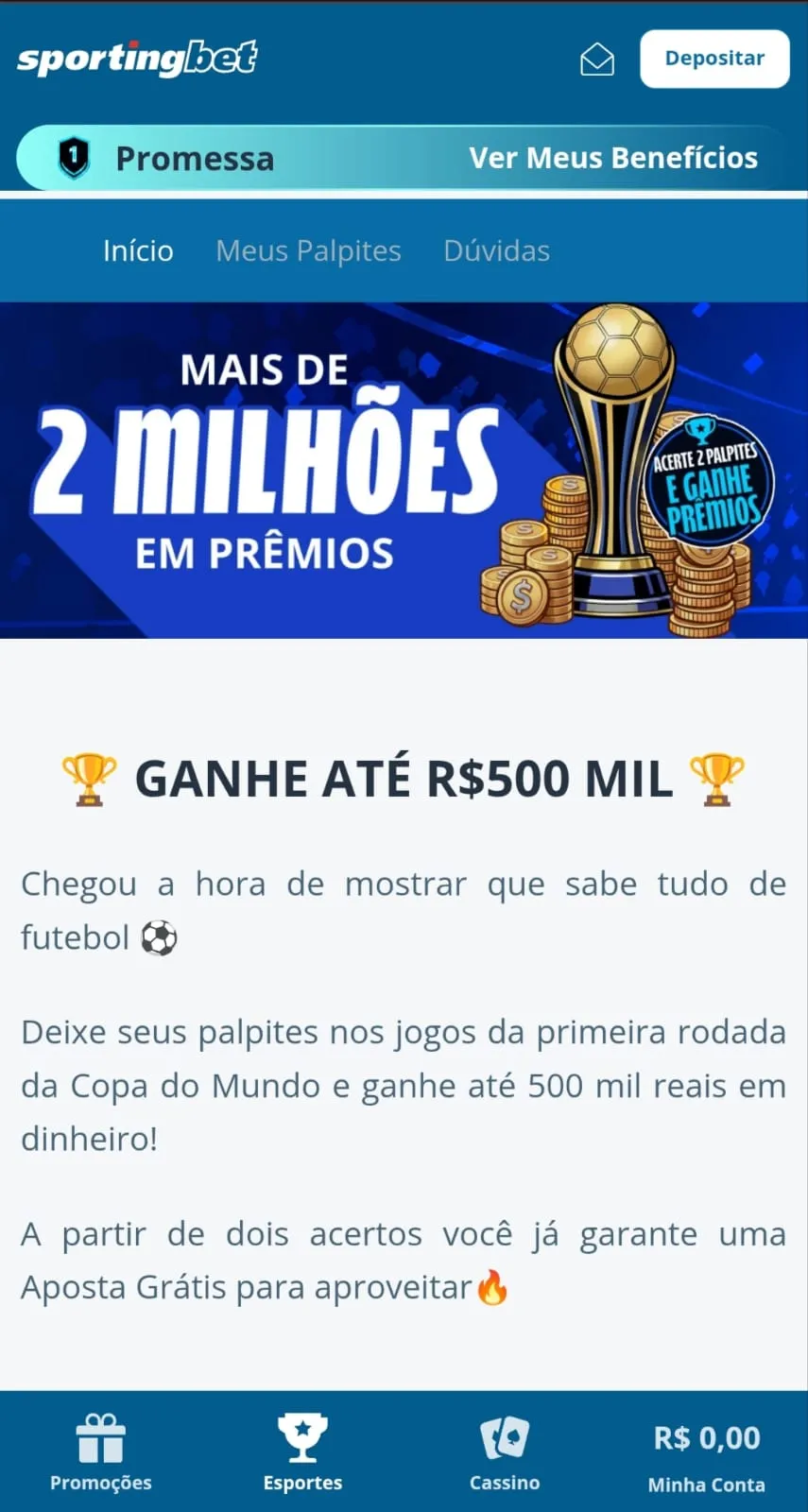 Tela mobile do Bolão da Copa do Mundo 2026 na Sportingbet
Data: 22/06/2026