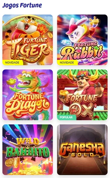 Ícones de 6 jogos Fortune, incluindo Fortune Tiger, Fortune Rabbit, Fortune Dragon e Fortune Ox