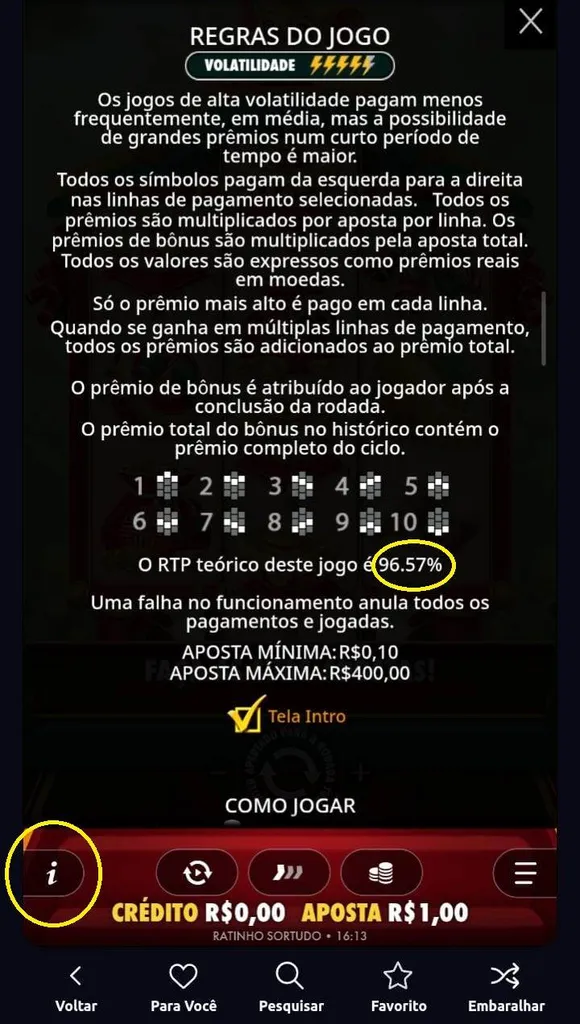 Regras do jogo Ratinho Sortudo, com destaque ao RTP de 96,57% e ao símbolo de "i"