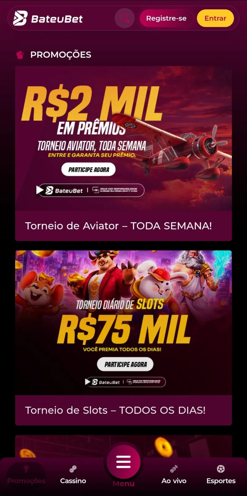 Página dos torneios de cassino da BateuBet