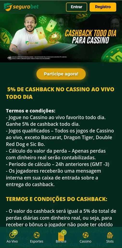 Promoção de cashback do cassino ao vivo da Segurobet