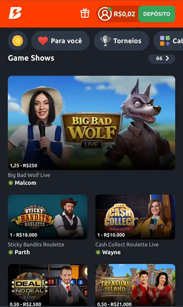 Cassino ao vivo Betano com game show Big Bad Wolf em destaque e opções de roleta.