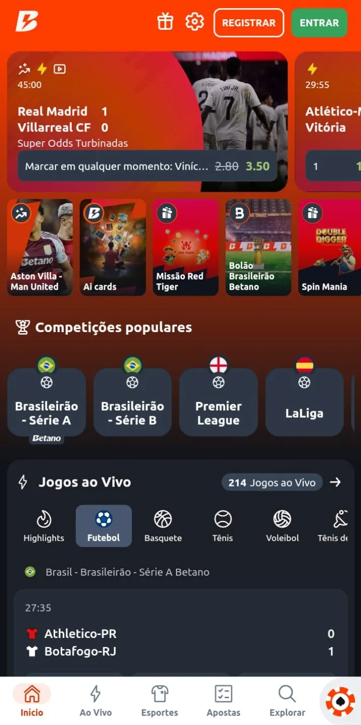 Site Betano com lista de competições como Brasileirão, Premier League e La Liga e jogos ao vivo para apostar.
