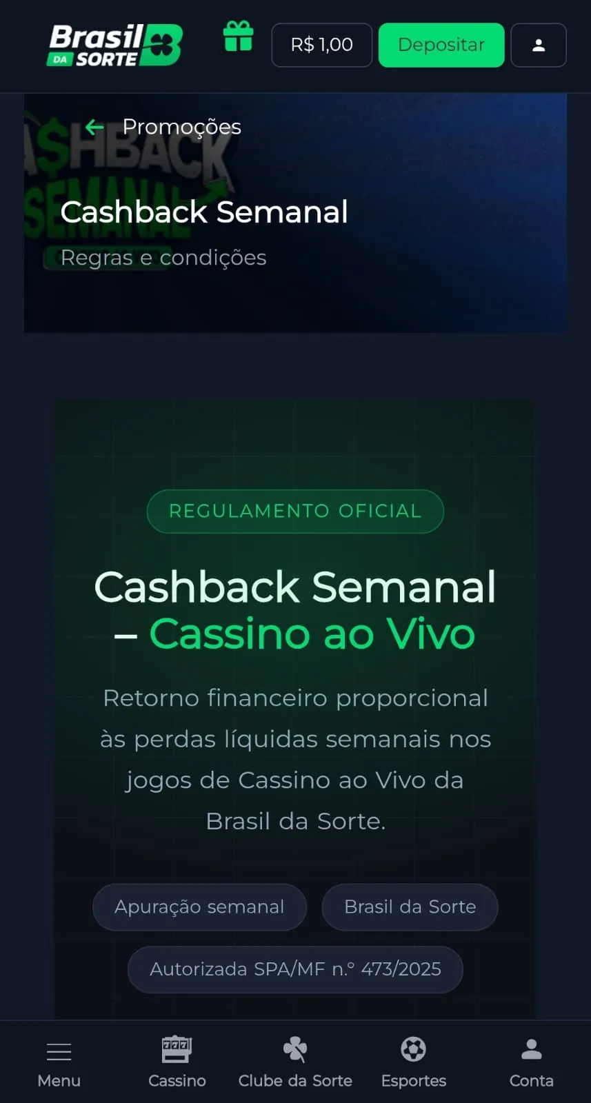 Cashback semanal do cassino ao vivo da Brasil da Sorte, com níveis e benefícios que podem chegar a até 10% de reembolso.