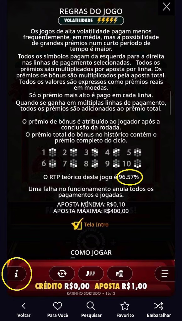 Regras do jogo Ratinho Sortudo, com destaque ao RTP de 96,57% e ao símbolo de "i"