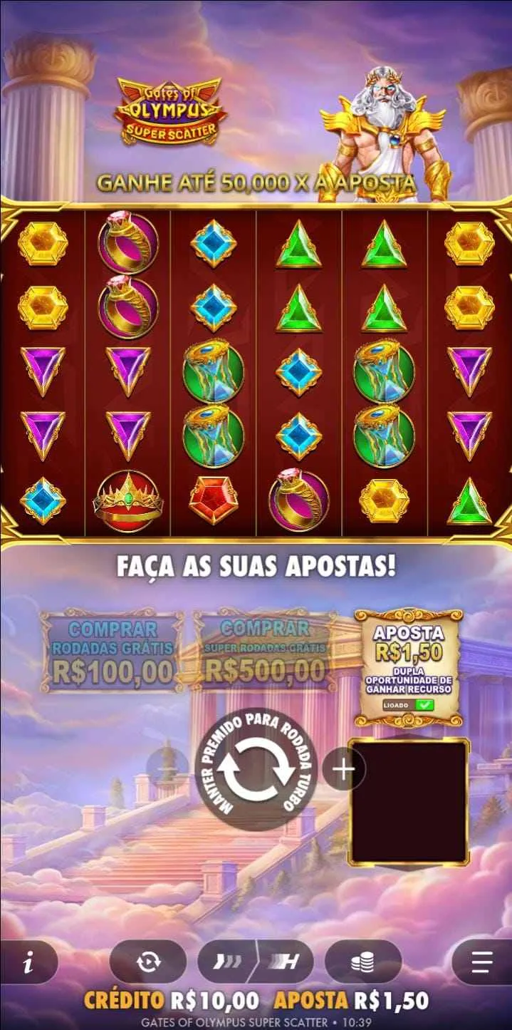 Diferentes símbolos em Gates of Olympus Super Scatter, com dois tipos de compra de rodadas grátis e aposta Ante