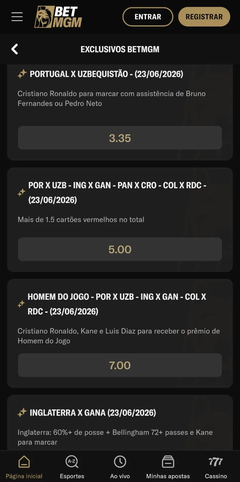 Mercados exclusivos na BetMGM para as partidas do dia 23 de junho da Copa do Mundo.