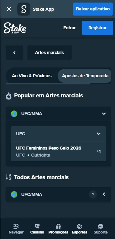 Mercado de apostas de UFC Peso Galo 2026 a longo prazo  na Stake 