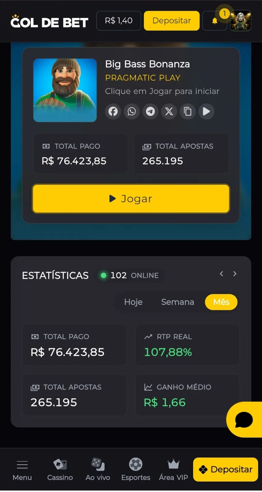 Big Bass Bonanza na Gol de Bet, com estatísticas de Total Pago, Total de Apostas, ganho médio e RTP real acima de 100% no mês analisado