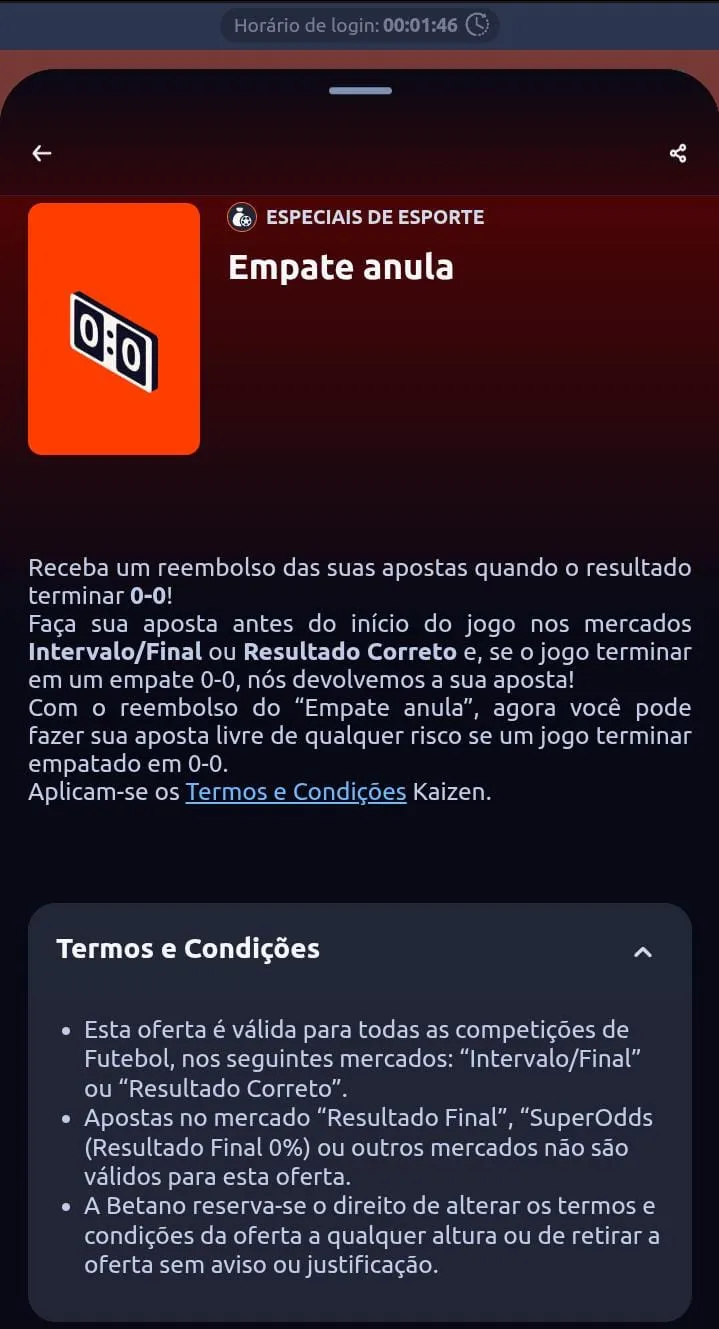 Empate Anula da Betano, com texto explicando que a oferta reembolsa em caso de 0-0 para apostas no Resultado Correto