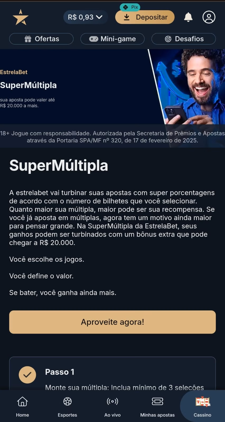 Oferta de SuperMúltipla da Estrelabet com bônus de até R$ 20.000 extras nas apostas combinadas.