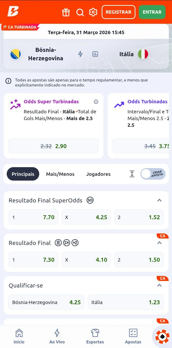 Cotações para diferentes mercados do jogo Itália x Bósnia-Herzegovina na Betano