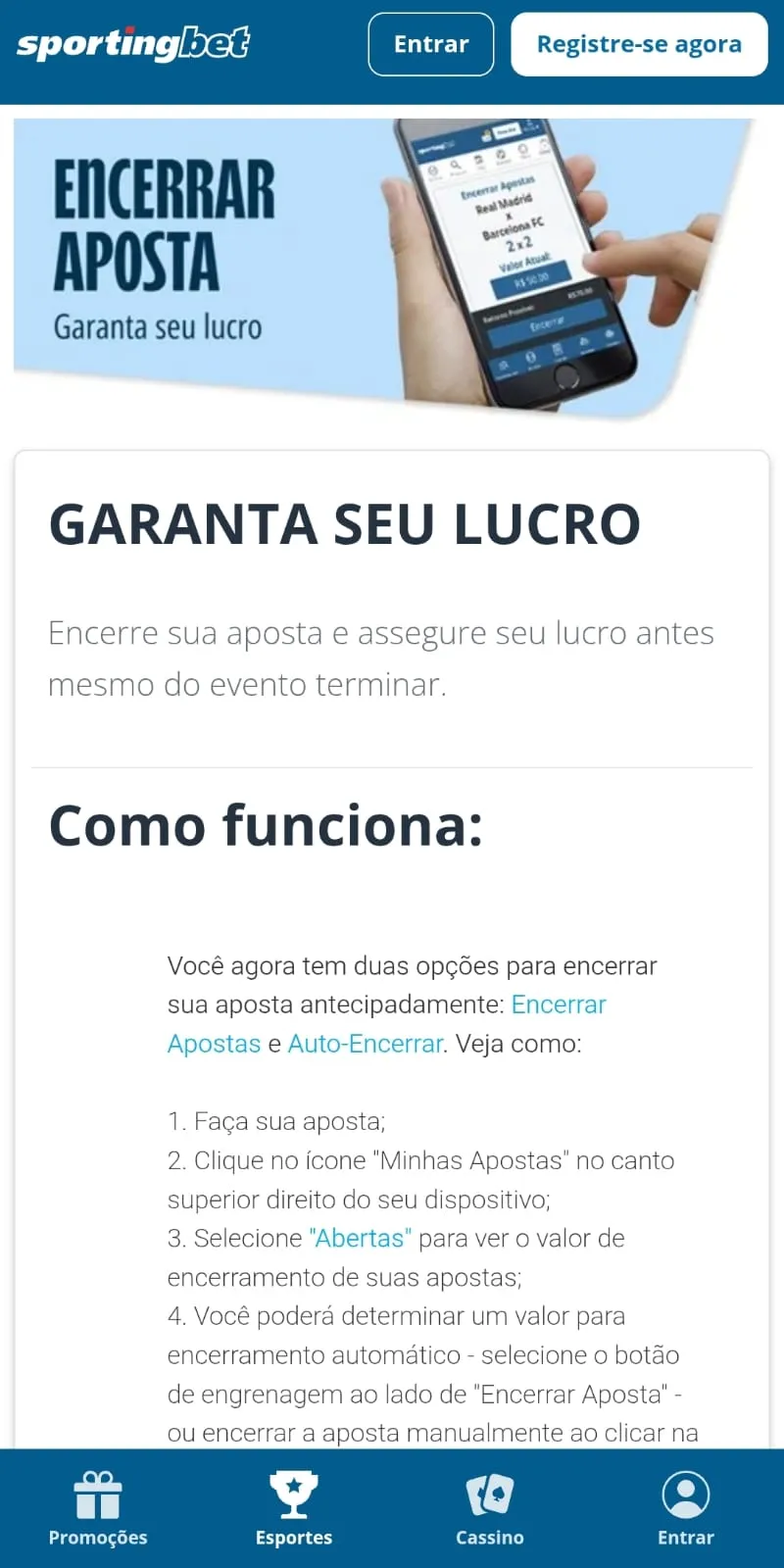 Página promocional da oferta "Encerrar Aposta" da Sportingbet