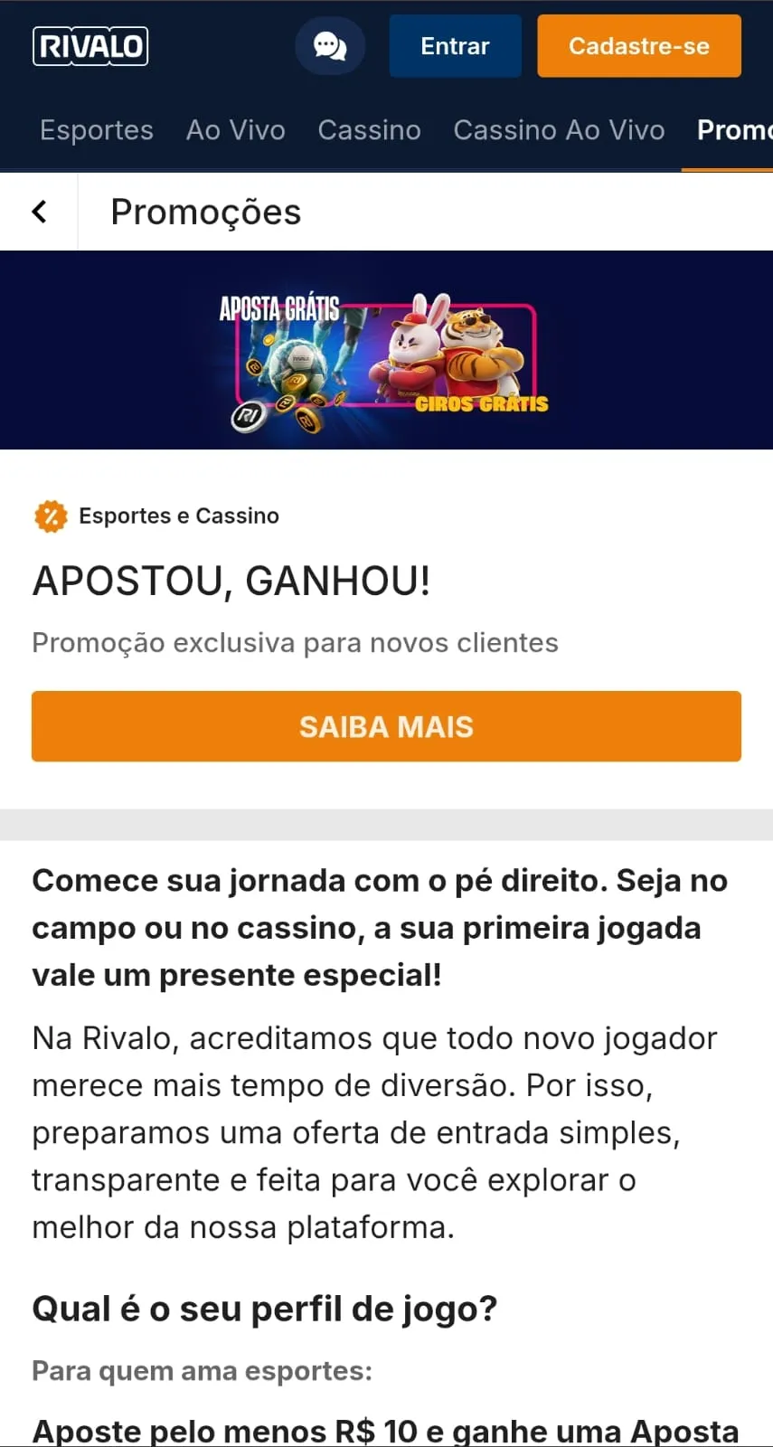 captura de tela da página promocional do bônus "APOSTOU, GANHOU" no cassino na Rivalo
Data do Print: 11/05/26