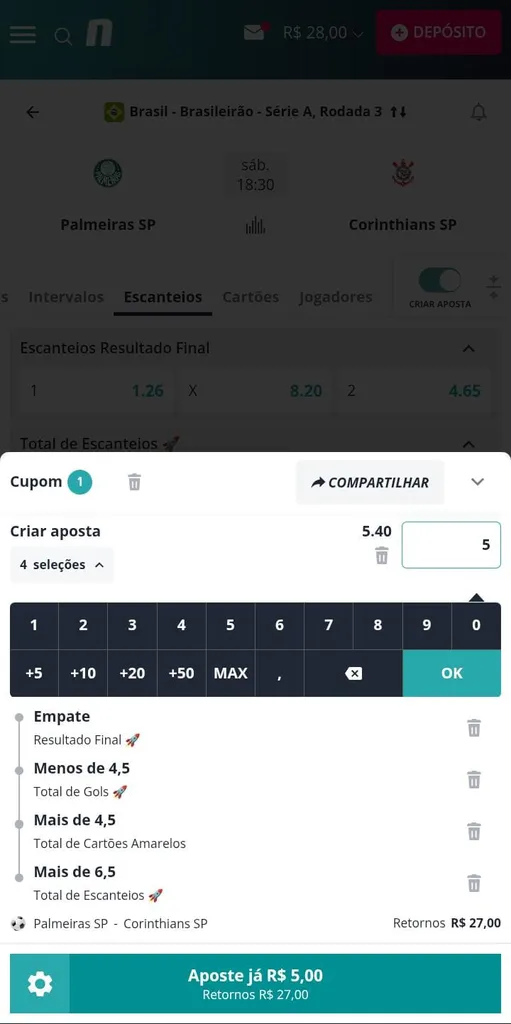 Cupom de aposta da Novibet com valor mínimo de R$ 5 reais no jogo Palmeiras x Corinthians pelo Brasileirão com seleções de escanteios, cartões e gols.