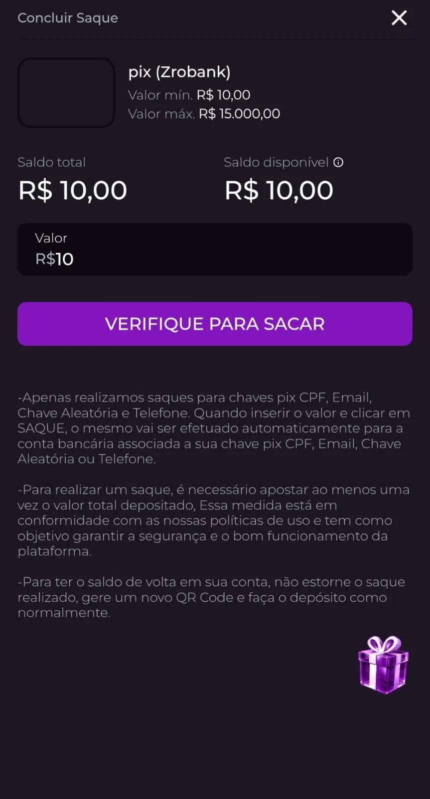 Formulário de saque da Luva.bet com saques a partir de R$10.