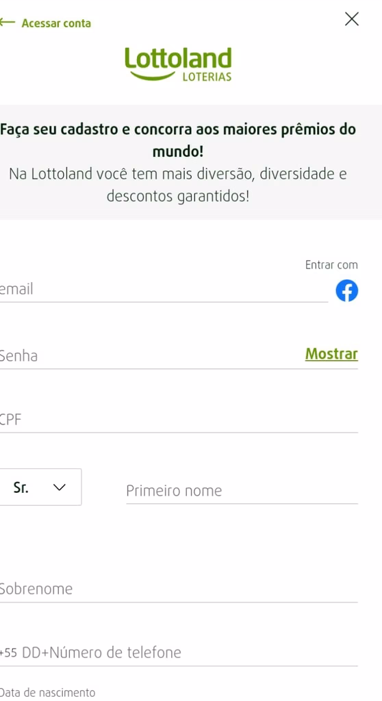 Formulário de cadastro da Lottoland, com campos de email, senha, CPF, nome e telefone