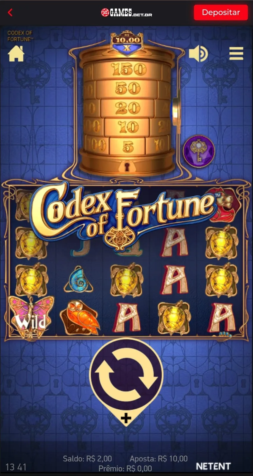 Print da interface inicial do Codex of Fortune da NetEnt