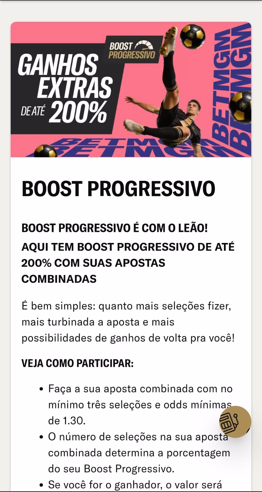 Oferta de boost progressivo da BetMGM com bônus de até 200% extras para palpites múltiplos.