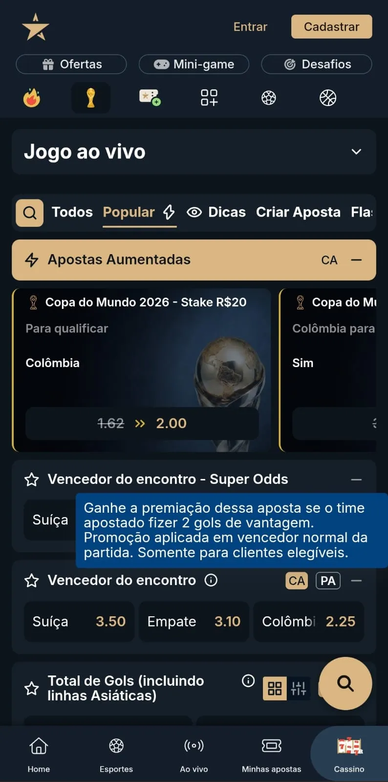 Captura de imagem da partida entre Suíça x Colômbia pela Copa do Mundo na Estrelabet, com destaque para a opção de Pagamento Antecipado (PA)
Data: 07/07/2026