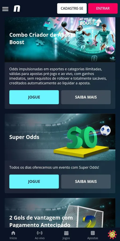 Seção de promoções da Novibet com destaque para Combo Criador de apostas, Super Odds e pagamento antecipado