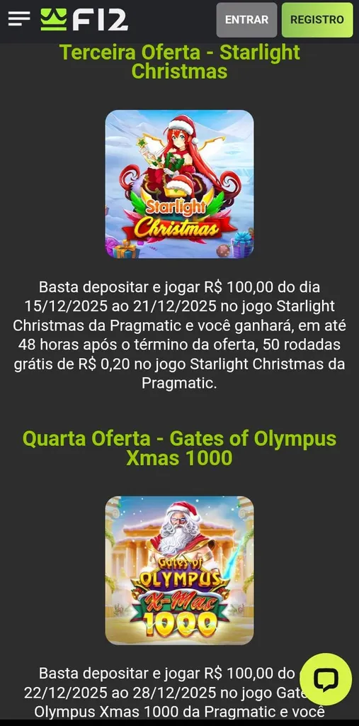 Ofertas para os jogos Starlight Christmas e Gates of Olympus Xmas 1000 na F12.Bet, com 50 rodadas grátis para cada jogo