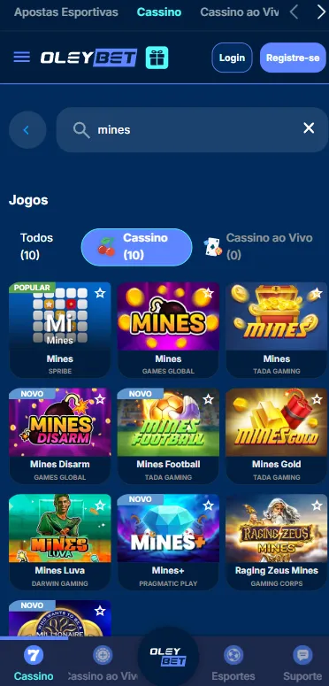 Resultados de pesquisa do Mines na Oleybet