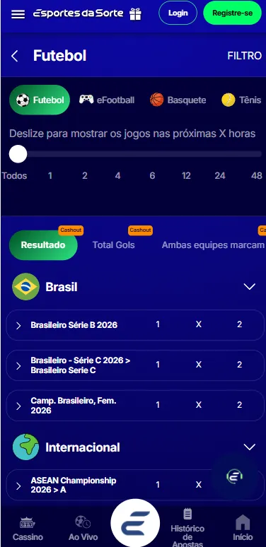 Página de futebol da Esportes da Sorte com jogos do Brasileirão Série B, Série C e Campeonato Brasileiro Feminino