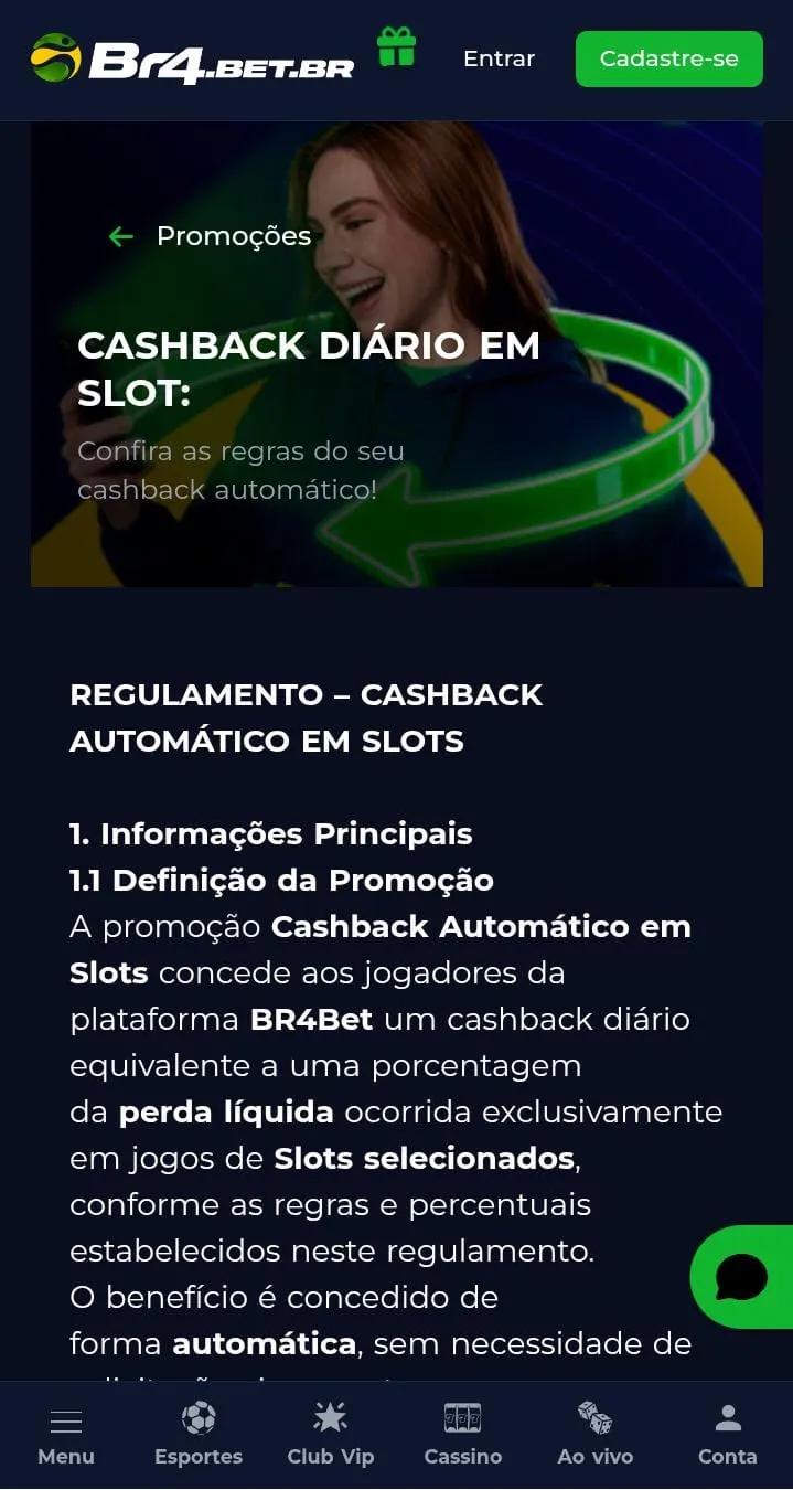 Regulamento do cashback automático em slots da Br4Bet