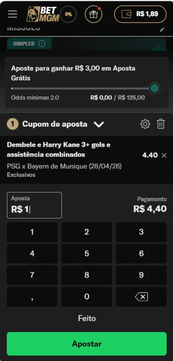 Bilhete de aposta na BetMGM com seleção de mercado e valor da aposta em reais