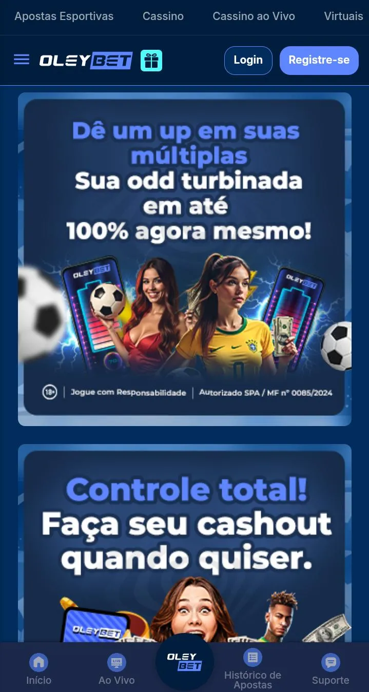 Apostas múltiplas turbinadas em até 100% na Oleybet, com duas mulheres e bolas de futebol no banner