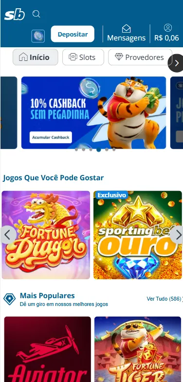 Oferta da Sportingbet com cashback de 10% a cada rodada no cassino da plataforma.